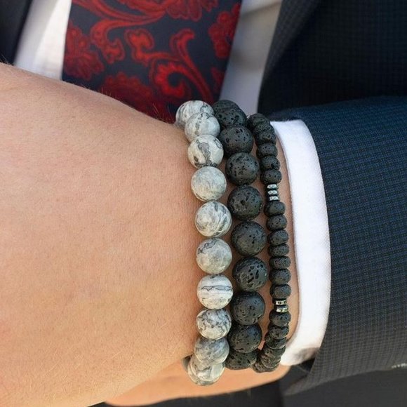 10mm Polished Grey Map Jasper Matte Onyx Natural Stone Bead Stretch Bracelet - Picture 3 of 7